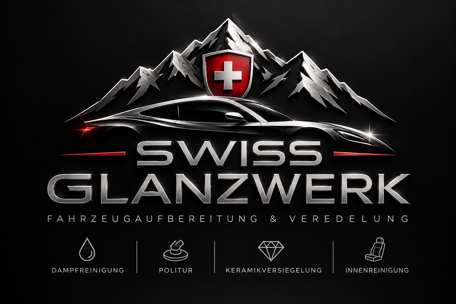 Swiss Glanzwerk – silberne Alpen, Schweizer Wappen und Sportwagen. Fahrzeugaufbereitung und Veredelung.